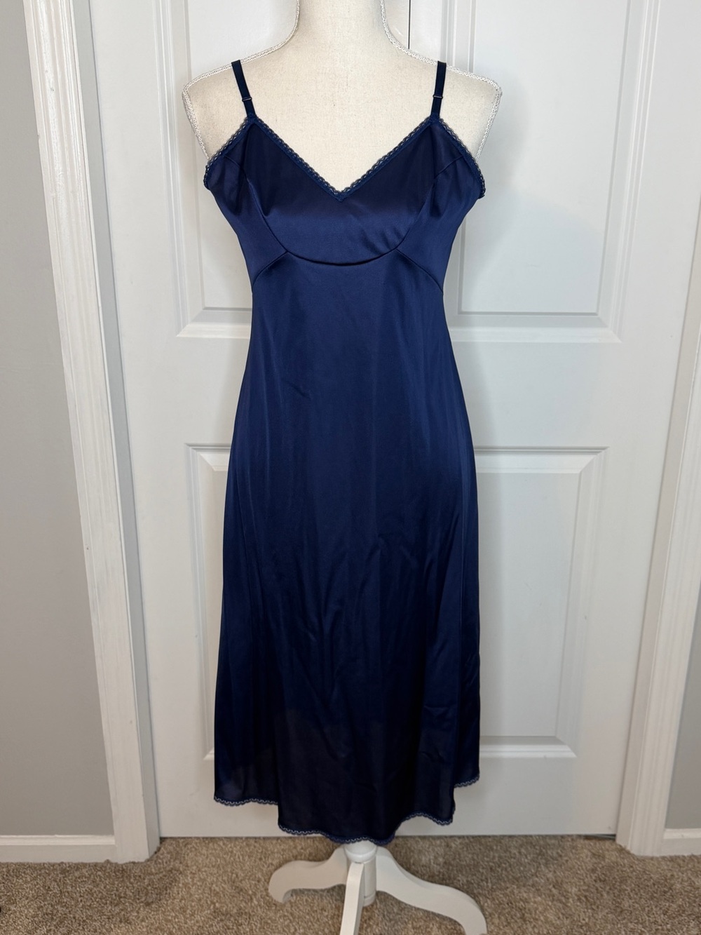 Vanity Fair Vintage Navy Blue Satin Slip Dress Small Lace Trim V-Neck Lingerie